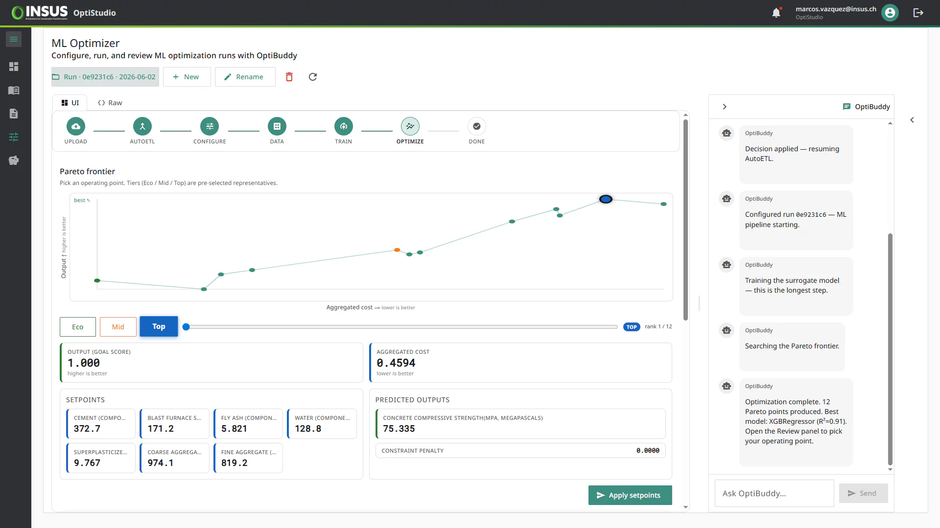Pareto frontier with Eco, Mid, and Top operating points